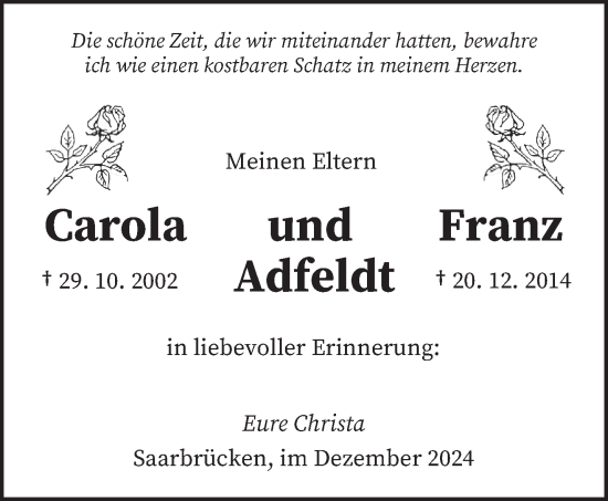 Traueranzeige von Carola und Franz Adfeldt von saarbruecker_zeitung