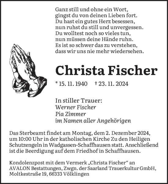 Traueranzeige von Christa Fischer von saarbruecker_zeitung