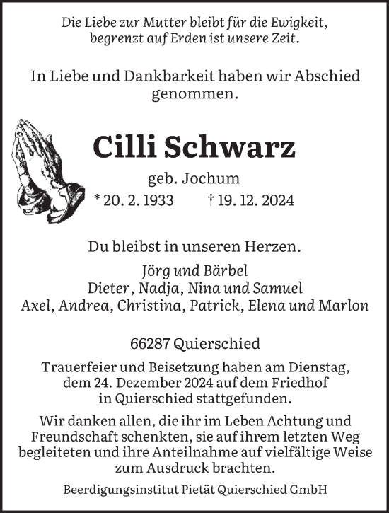 Traueranzeige von Cilli Schwarz von saarbruecker_zeitung