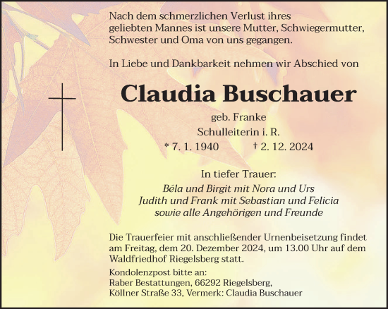 Traueranzeige von Claudia Buschauer von saarbruecker_zeitung