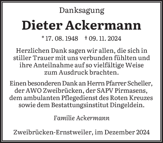 Traueranzeige von Dieter Ackermann von saarbruecker_zeitung