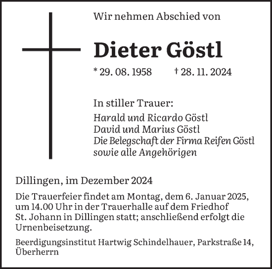 Traueranzeige von Dieter Göstl von saarbruecker_zeitung