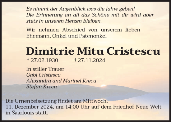 Traueranzeige von Dimitrie Mitu Cristescu von saarbruecker_zeitung