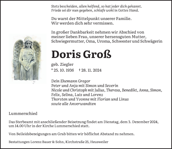 Traueranzeige von Doris Groß von saarbruecker_zeitung