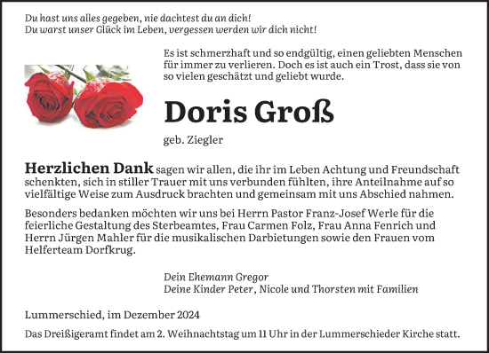 Traueranzeige von Doris Groß von saarbruecker_zeitung