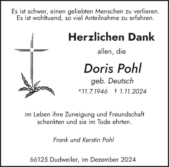 Traueranzeige von Doris Pohl von saarbruecker_zeitung