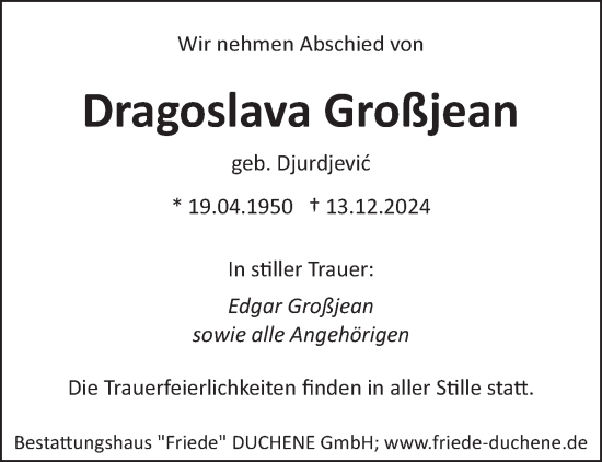 Traueranzeige von Dragoslava Großjean von saarbruecker_zeitung