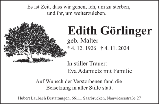 Traueranzeige von Edith Görlinger von saarbruecker_zeitung