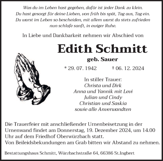 Traueranzeige von Edith Schmitt von saarbruecker_zeitung