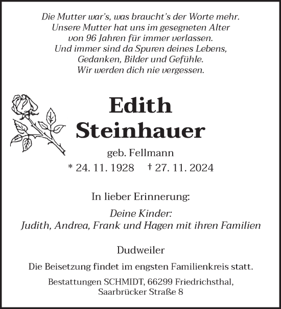 Traueranzeige von Edith Steinhauer von saarbruecker_zeitung