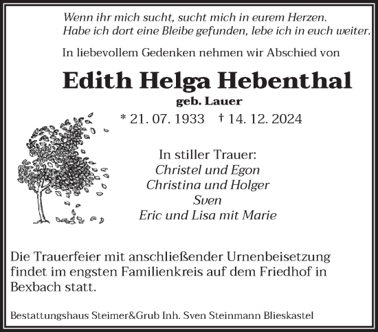 Traueranzeige von Edith Helga Hebenthal von saarbruecker_zeitung