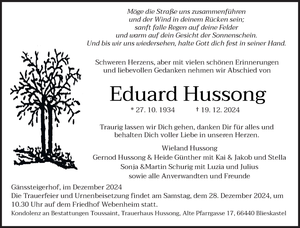  Traueranzeige für Eduard Hussong vom 23.12.2024 aus saarbruecker_zeitung