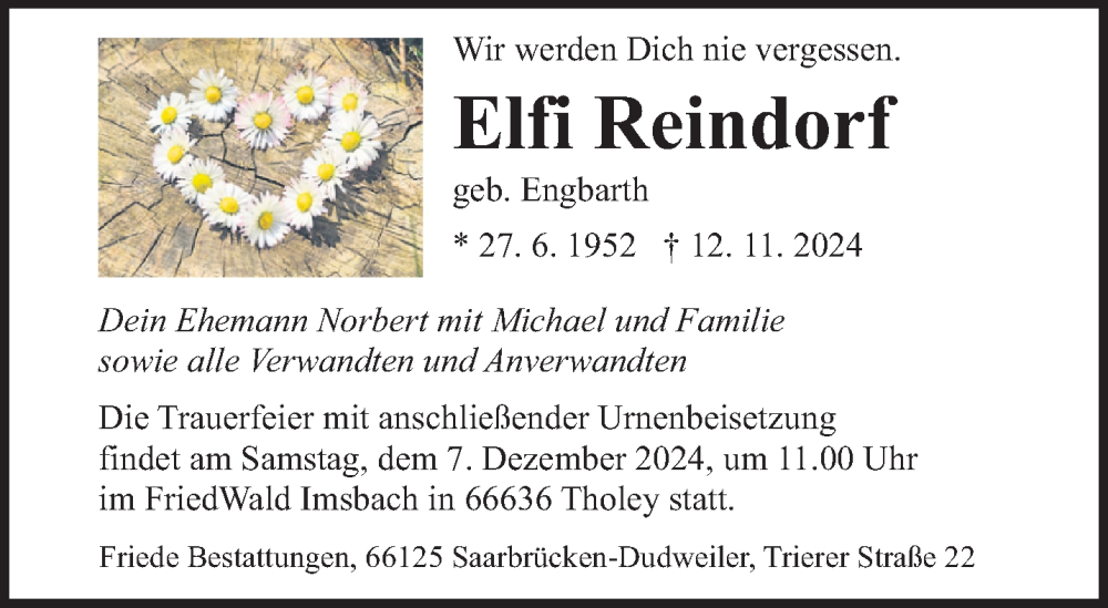  Traueranzeige für Elfi Reindorf vom 30.11.2024 aus saarbruecker_zeitung