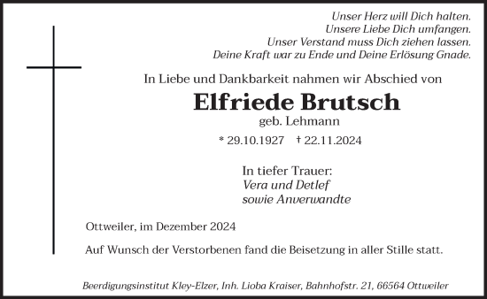 Traueranzeige von Elfriede Brutsch von saarbruecker_zeitung