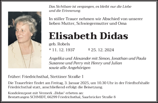 Traueranzeige von Elisabeth Didas von saarbruecker_zeitung