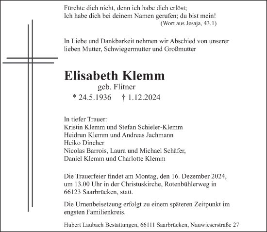 Traueranzeige von Elisabeth Klemm von saarbruecker_zeitung