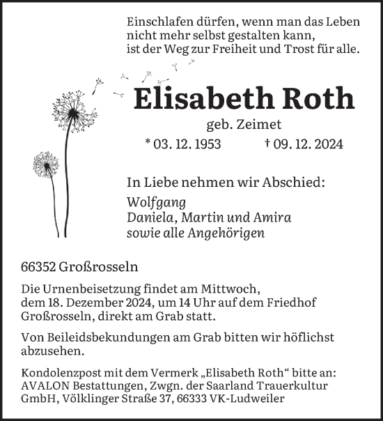 Traueranzeige von Elisabeth Roth von saarbruecker_zeitung