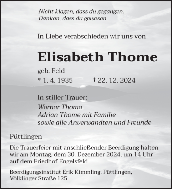 Traueranzeige von Elisabeth Thome von saarbruecker_zeitung