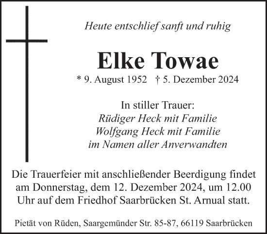 Traueranzeige von Elke Towae von saarbruecker_zeitung