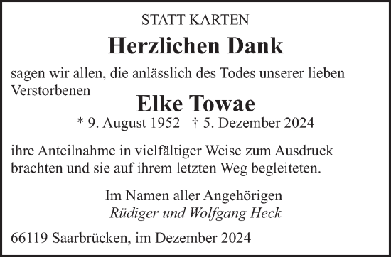 Traueranzeige von Elke Towae von saarbruecker_zeitung