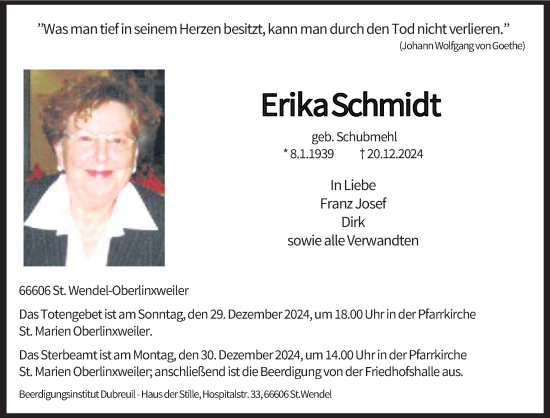 Traueranzeige von Erika Schmidt von saarbruecker_zeitung