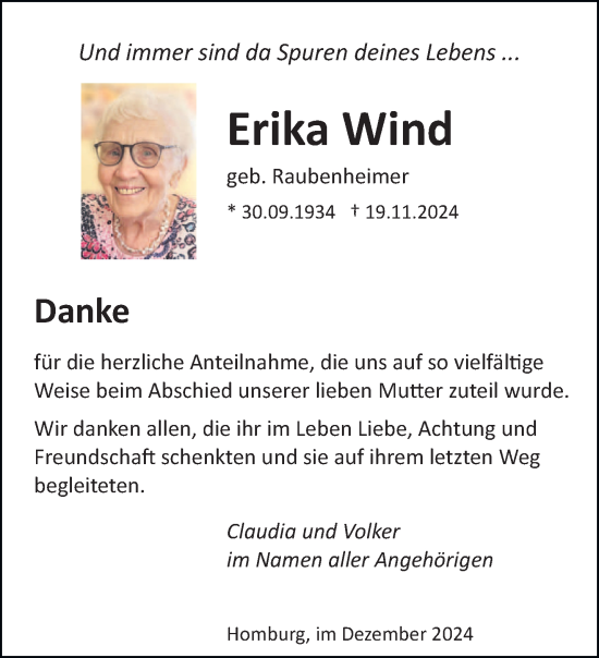 Traueranzeige von Erika Wind von saarbruecker_zeitung