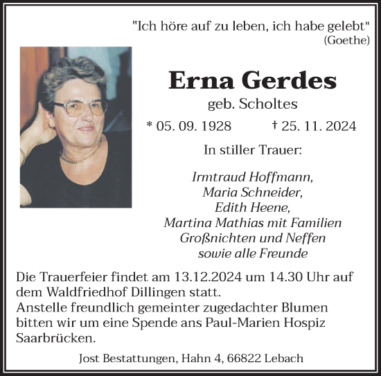 Traueranzeige von Erna Gerdes von saarbruecker_zeitung