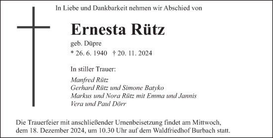 Traueranzeige von Ernesta Rütz von saarbruecker_zeitung