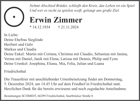 Traueranzeige von Erwin Zimmer von saarbruecker_zeitung