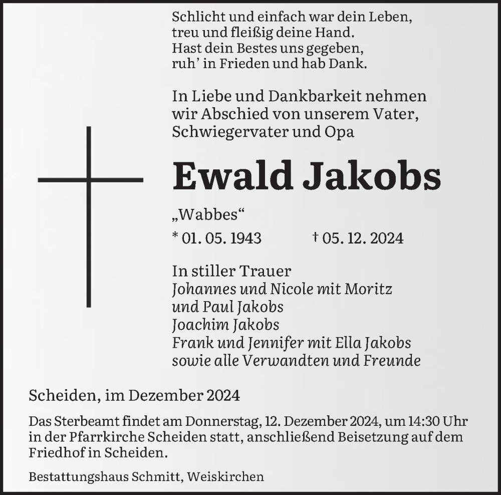  Traueranzeige für Ewald Jakobs vom 07.12.2024 aus saarbruecker_zeitung