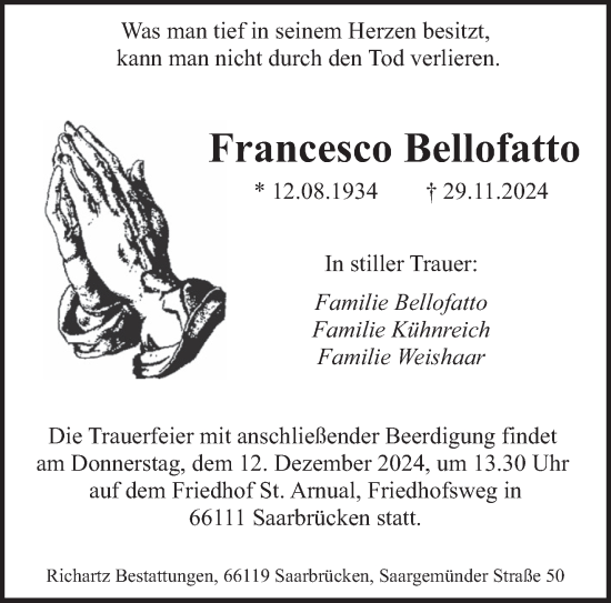 Traueranzeige von Francesco Bellofatto von saarbruecker_zeitung