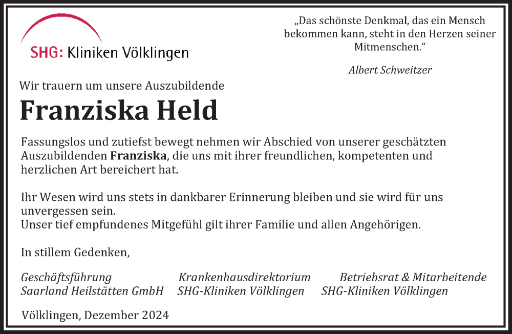  Traueranzeige für Franziska Held vom 21.12.2024 aus saarbruecker_zeitung