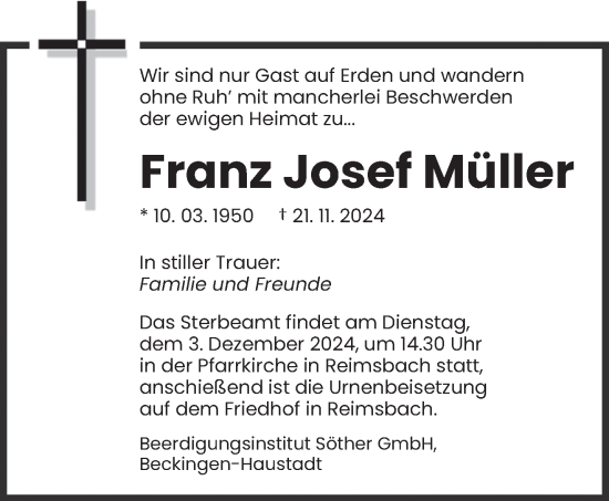 Traueranzeige von Franz Josef Müller von saarbruecker_zeitung