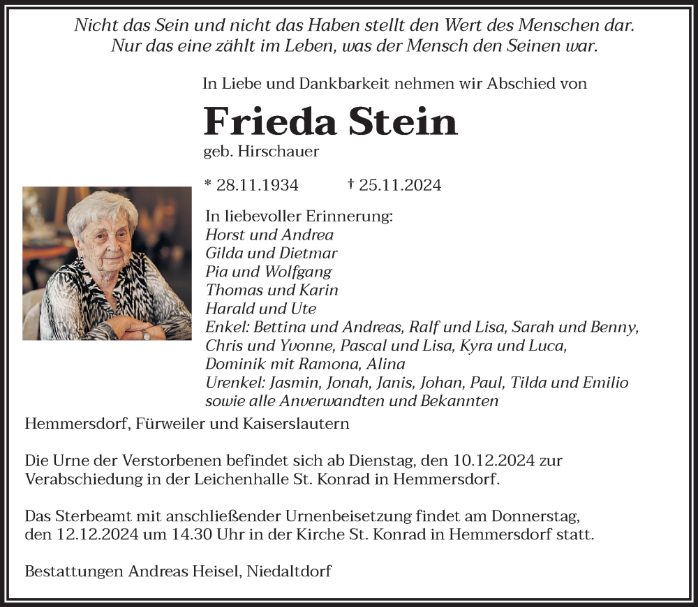  Traueranzeige für Frieda Stein vom 07.12.2024 aus saarbruecker_zeitung