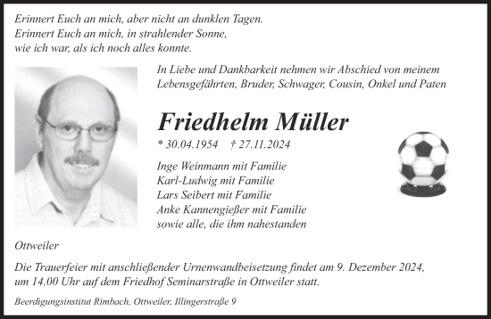 Traueranzeige von Friedhelm Müller von saarbruecker_zeitung