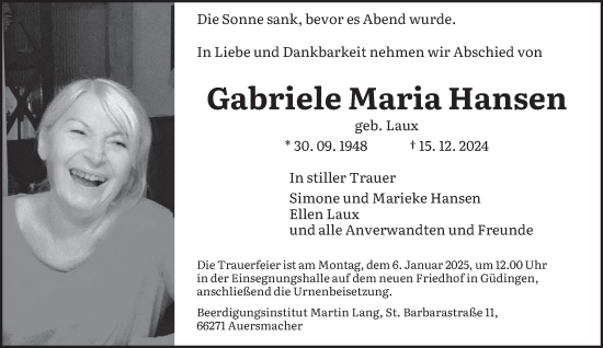 Traueranzeige von Gabriele Maria Hansen von saarbruecker_zeitung