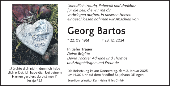 Traueranzeige von Georg Bartos von saarbruecker_zeitung