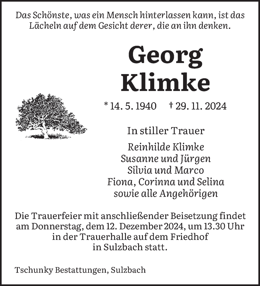  Traueranzeige für Georg Klimke vom 07.12.2024 aus saarbruecker_zeitung