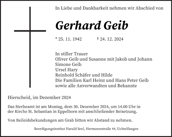 Traueranzeige von Gerhard Geib von saarbruecker_zeitung