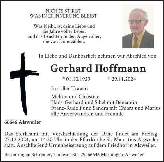 Traueranzeige von Gerhard Hoffmann von saarbruecker_zeitung