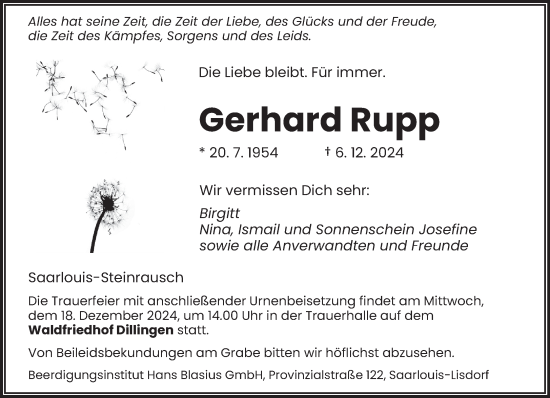 Traueranzeige von Gerhard Rupp von saarbruecker_zeitung