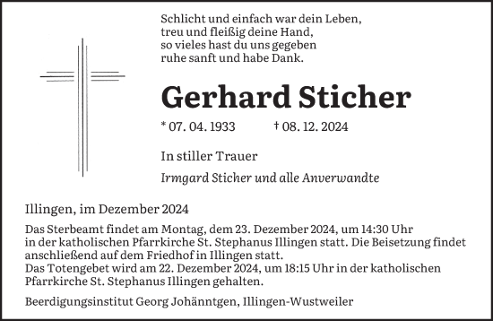 Traueranzeige von Gerhard Sticher von saarbruecker_zeitung