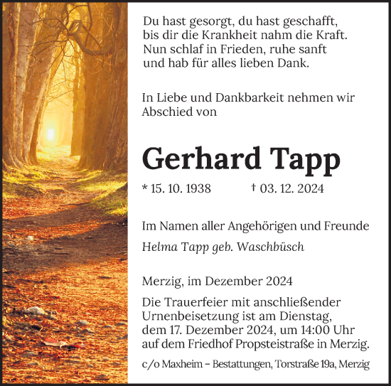 Traueranzeige von Gerhard Tapp von saarbruecker_zeitung