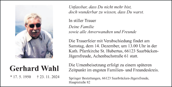 Traueranzeige von Gerhard Wahl von saarbruecker_zeitung