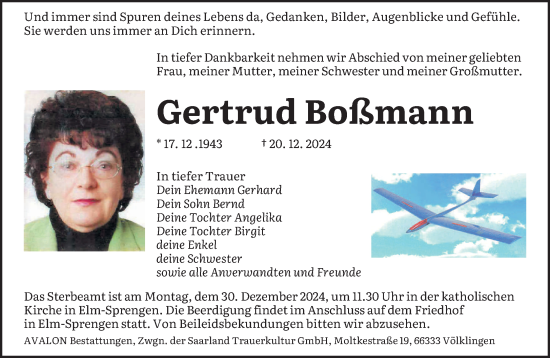 Traueranzeige von Gertrud Boßmann von saarbruecker_zeitung