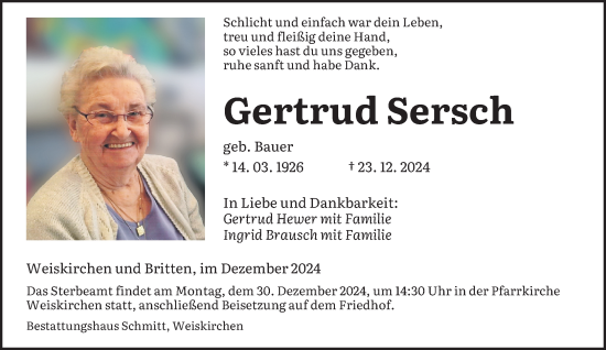 Traueranzeige von Gertrud Sersch von saarbruecker_zeitung