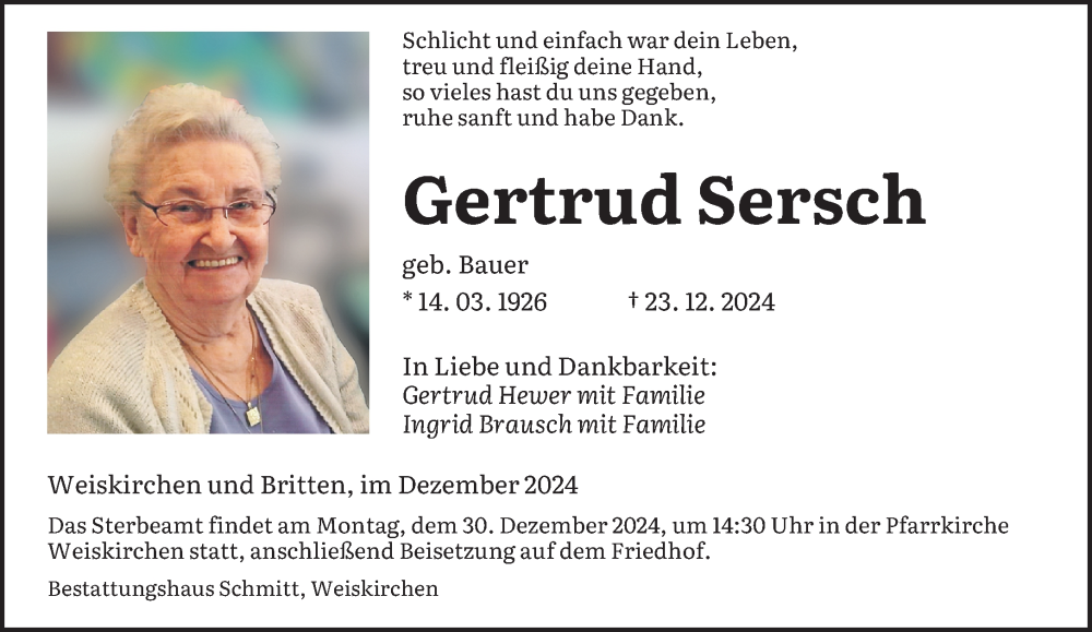  Traueranzeige für Gertrud Sersch vom 28.12.2024 aus saarbruecker_zeitung