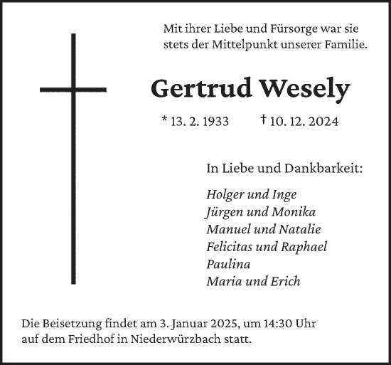 Traueranzeige von Gertrud Wesely von saarbruecker_zeitung