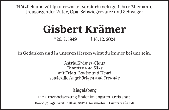 Traueranzeige von Gisbert Krämer von saarbruecker_zeitung