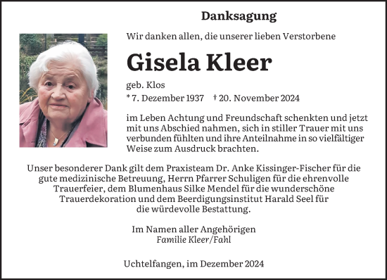 Traueranzeige von Gisela Kleer von saarbruecker_zeitung